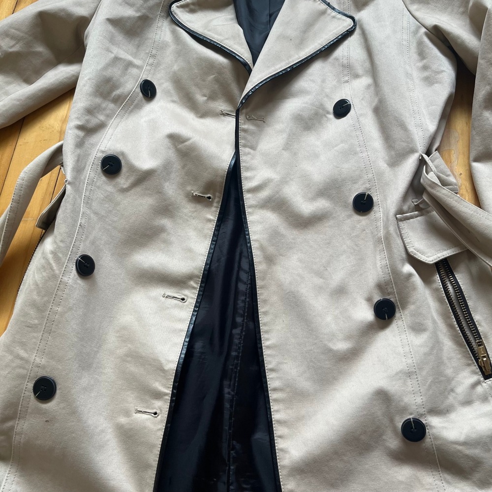 SMART SET Double Breasted Trench Coat Beige Black Trim Belted Button Up Women XS - Picture 5 of 12